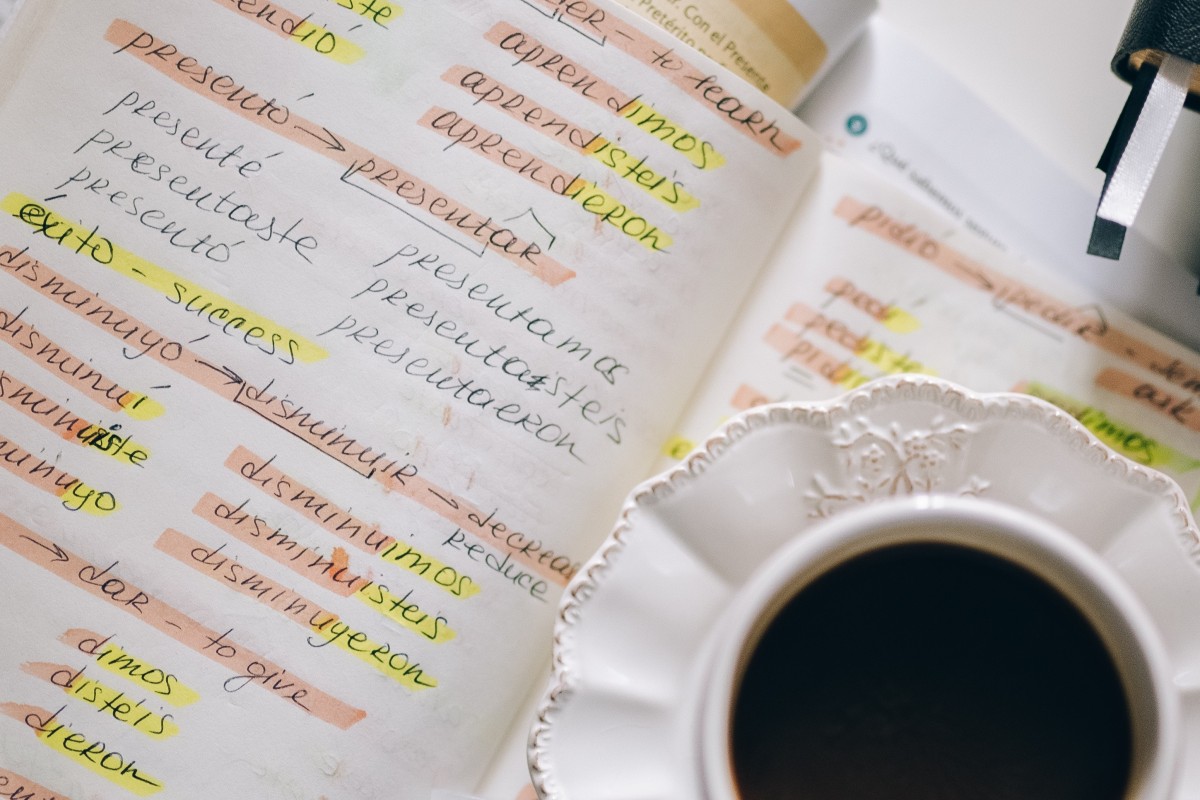 Cup of coffee with notes from studying Spanish